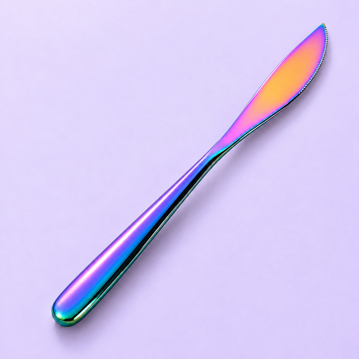 One rainbow dinner knife on a soft studio background.