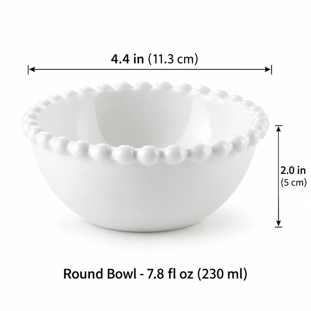 Round ceramic bowl, 11.3 cm diameter and 5 cm high, 230 ml; one piece.