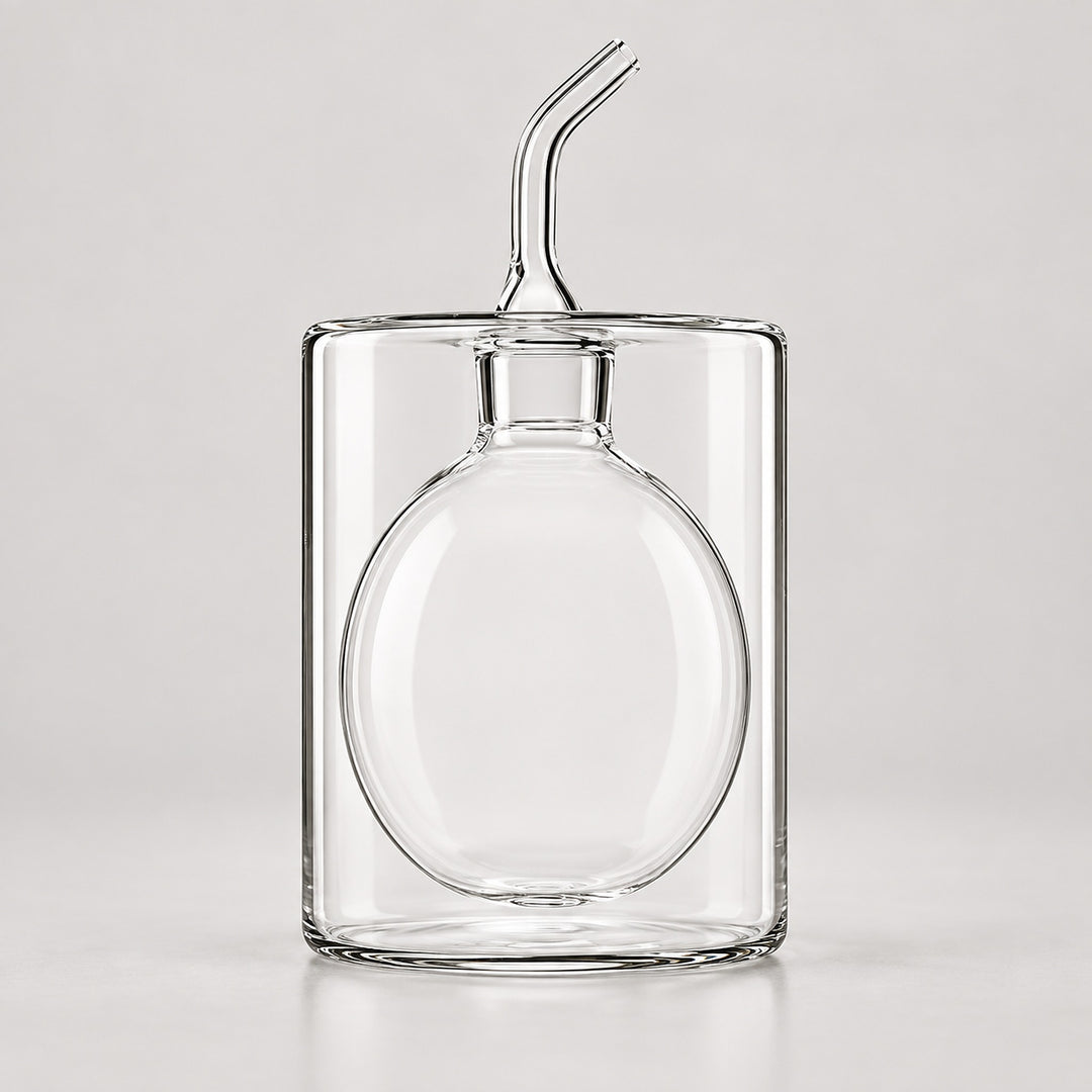 Clear glass decanter with a rounded bottle body, rectangular outer container, and a curved pouring spout, photographed on a light gray studio background.