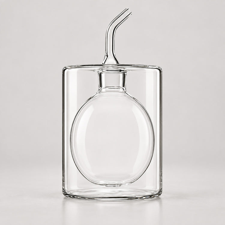 Clear glass decanter with a rounded bottle body, rectangular outer container, and a curved pouring spout, photographed on a light gray studio background.