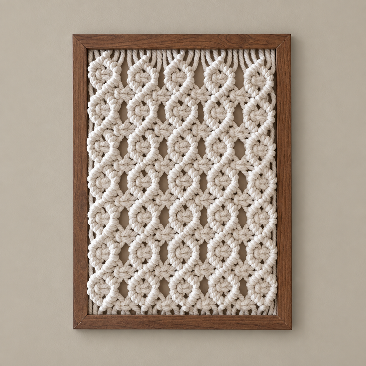 Style-07 coral, macrame panel in 13 knot styles, twisted cord, stained wood frame