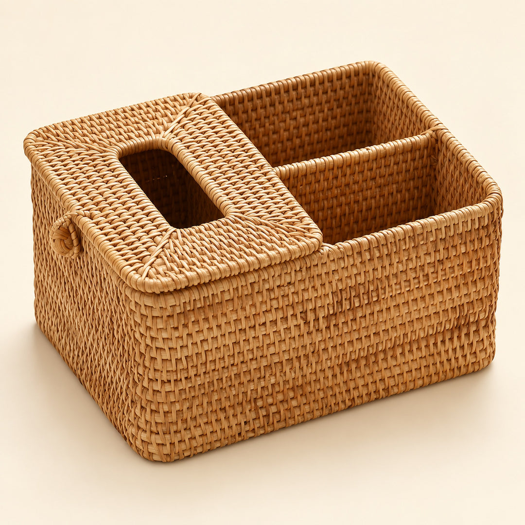 Wicker tissue and desktop organizer with slotted lid and two open sections; 23 x 17 x 11 cm.