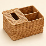 Wicker tissue and desktop organizer with slotted lid and two open sections; 23 x 17 x 11 cm.