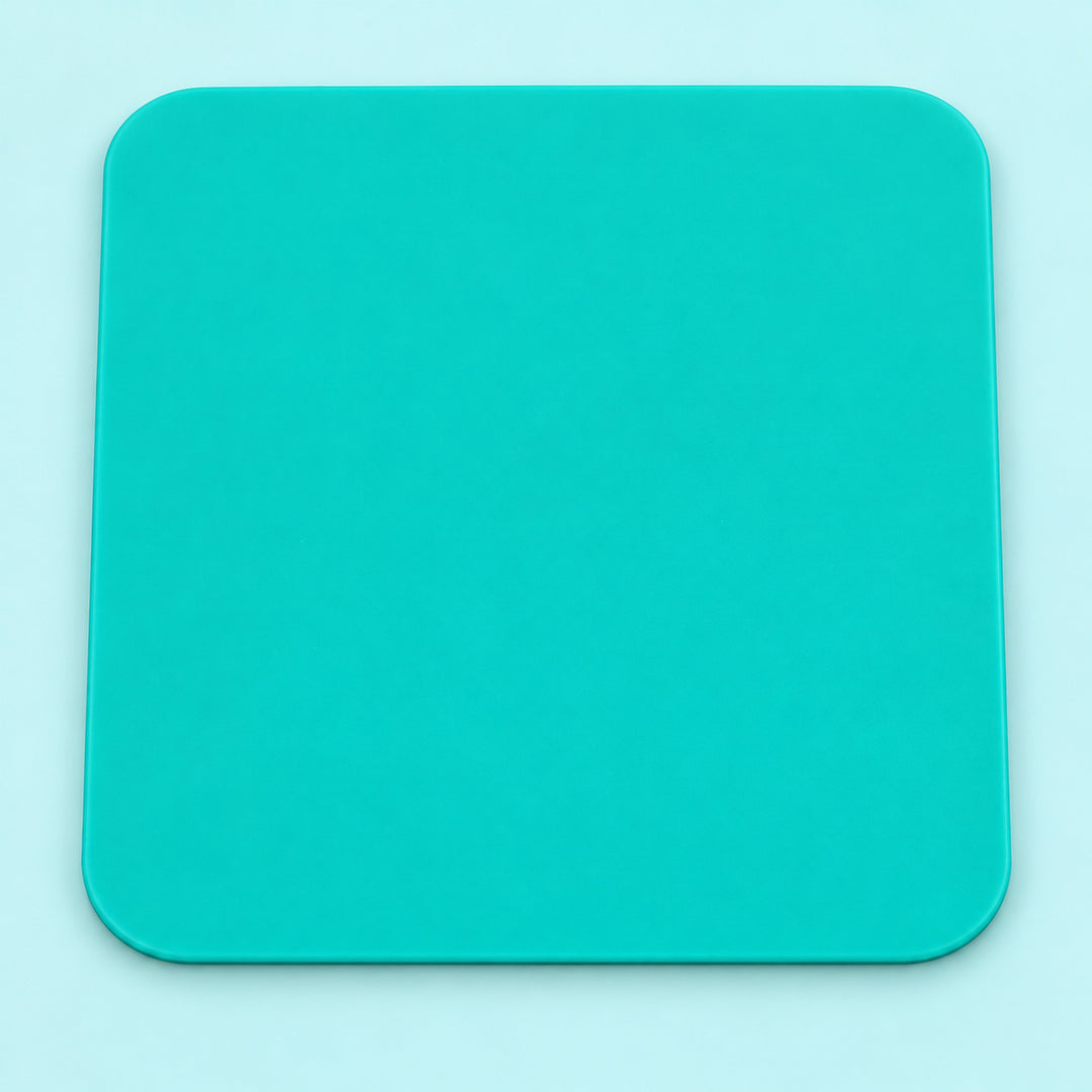 One turquoise square silicone coaster, 10 x 10 cm.