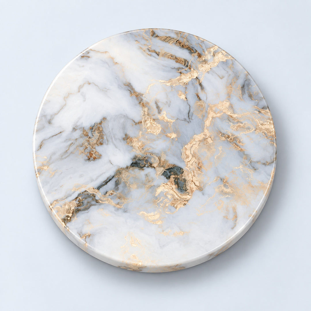 A round marble-patterned coaster with white, gray, and gold veining, photographed from directly above on a light blue background.