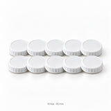Set of ten white 70 mm ribbed plastic mason jar lids.