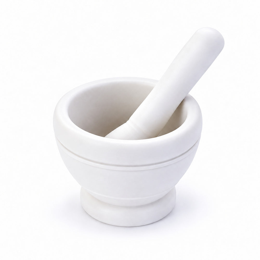 White variant: one white mortar with one matching pestle on a bright studio background.