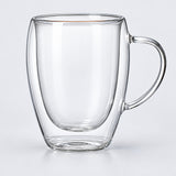 One empty 350 ml clear double-wall glass mug with handle.