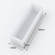 A white rectangular soap mold with dimension annotations showing a length of 8.8 cm, width of 2.