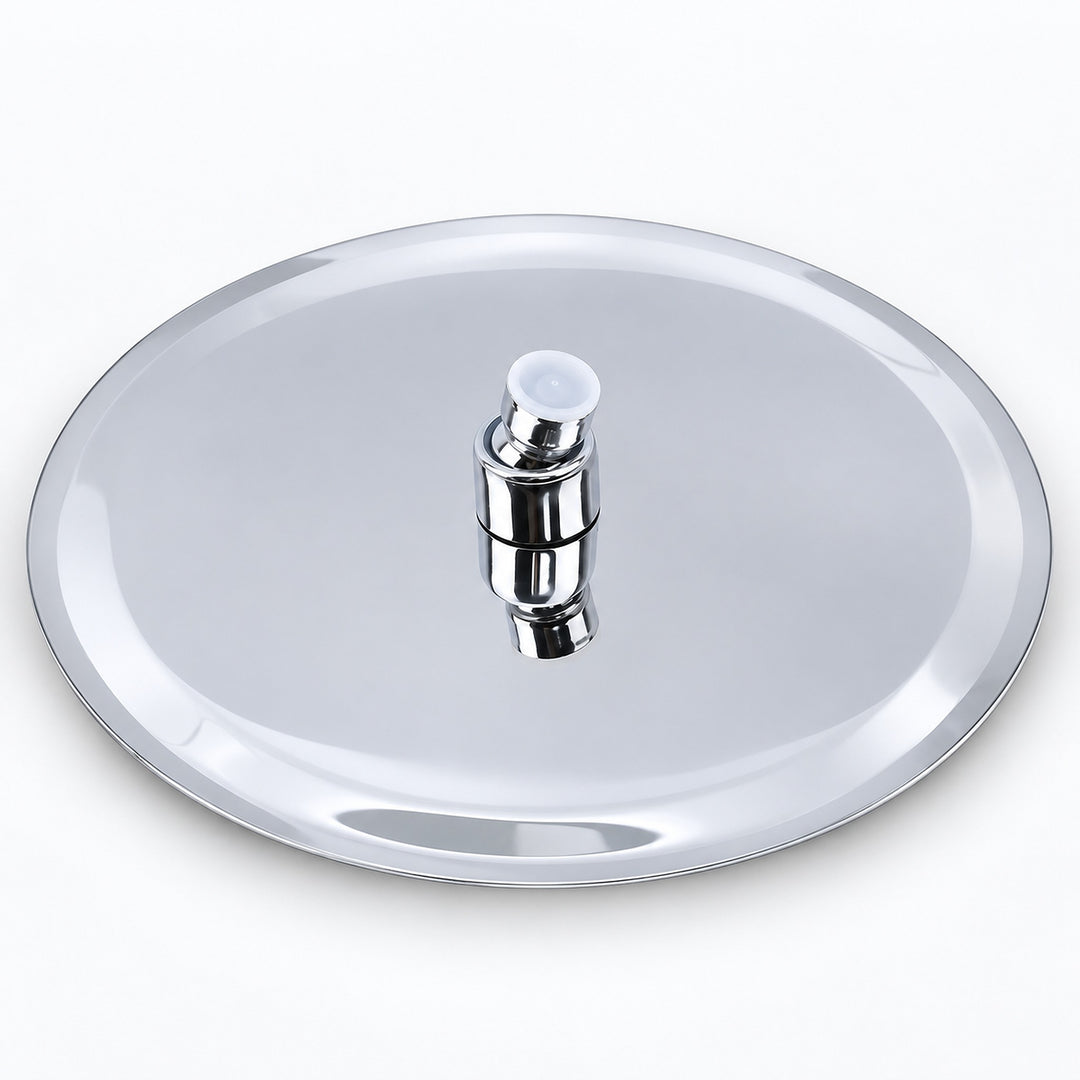 A round polished stainless steel pot lid with a central chrome handle and white plastic end caps, shown on a clean white background.