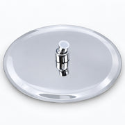 A round polished stainless steel pot lid with a central chrome handle and white plastic end caps, shown on a clean white background.