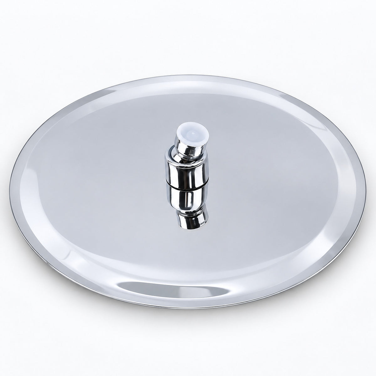 A round polished stainless steel pot lid with a central chrome handle and white plastic end caps, shown on a clean white background.