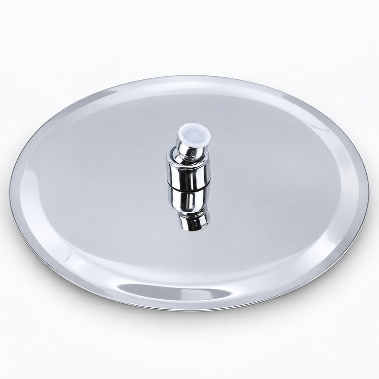 A round polished stainless steel pot lid with a central chrome handle and white plastic end caps, shown on a clean white background.