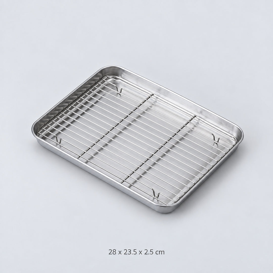 Large tray with matching rack, approximately 28 x 23.5 x 2.5 cm.