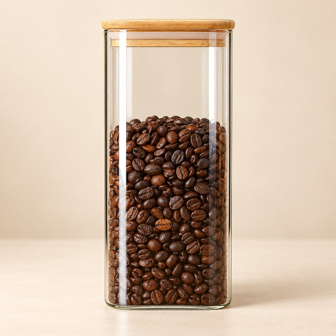 A tall, clear glass coffee canister with a light natural wood lid, filled with roasted brown coffee beans, set against a warm beige background.