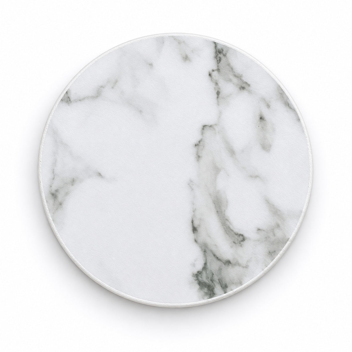 One white artificial-leather coaster, 10 cm.