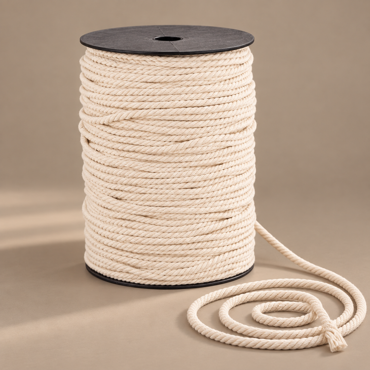 6mm 50M spool on cream, 2 to 10 mm twisted cord on a spool, three-strand twisted cotton cord