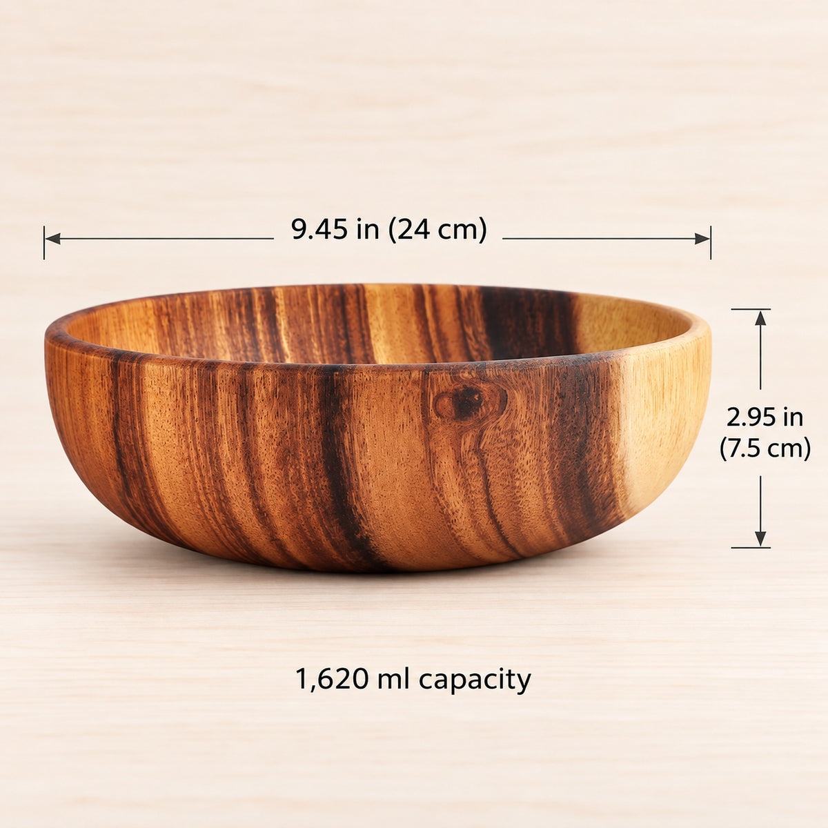 Acacia bowl, 9.45 in (24 cm) diameter, 2.95 in (7.5 cm) high, 1620 ml capacity.