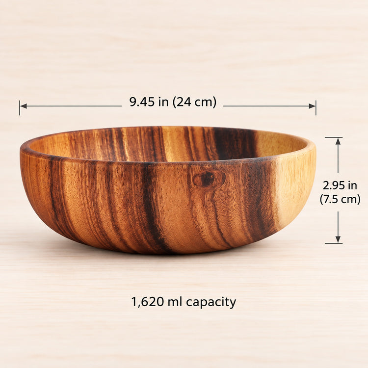 Acacia bowl, 9.45 in (24 cm) diameter, 2.95 in (7.5 cm) high, 1620 ml capacity.