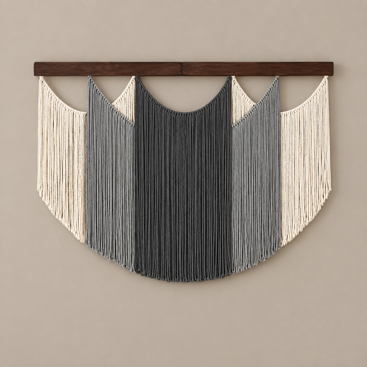 A-05 gray scalloped, 16 swag and fringe styles, fine twisted cord, pale wooden beads on the B series