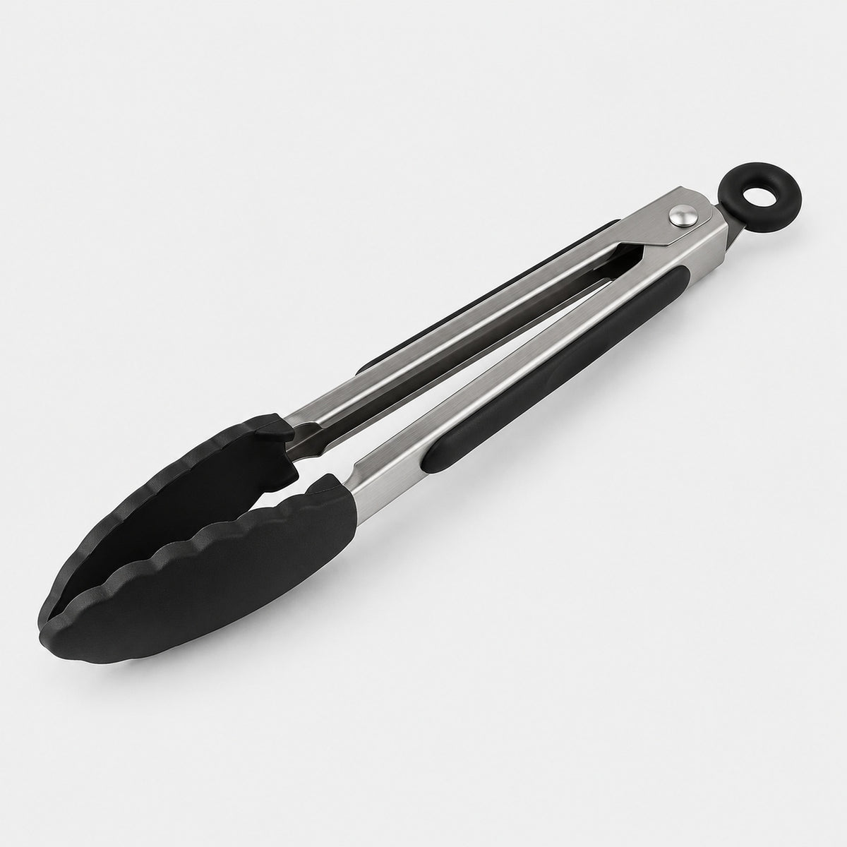 Black silicone-tipped stainless steel cooking tongs, 7 in.