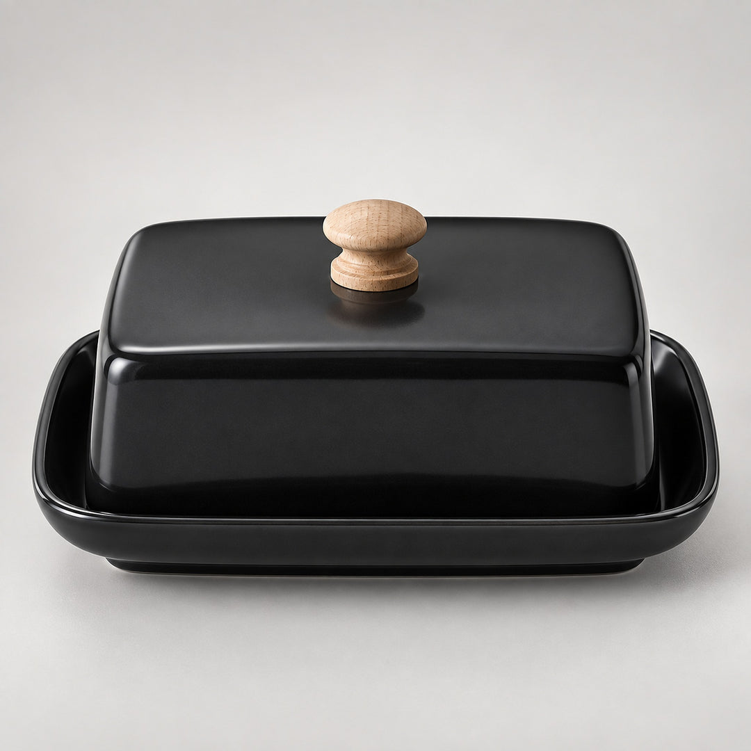 A glossy black ceramic butter dish with a matching lid and a round light wood knob, set against a neutral light gray background.