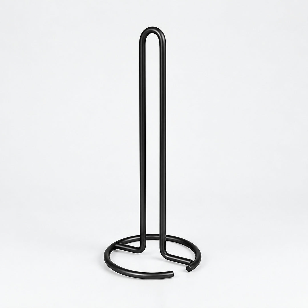Empty black upright paper towel stand with open wire base.