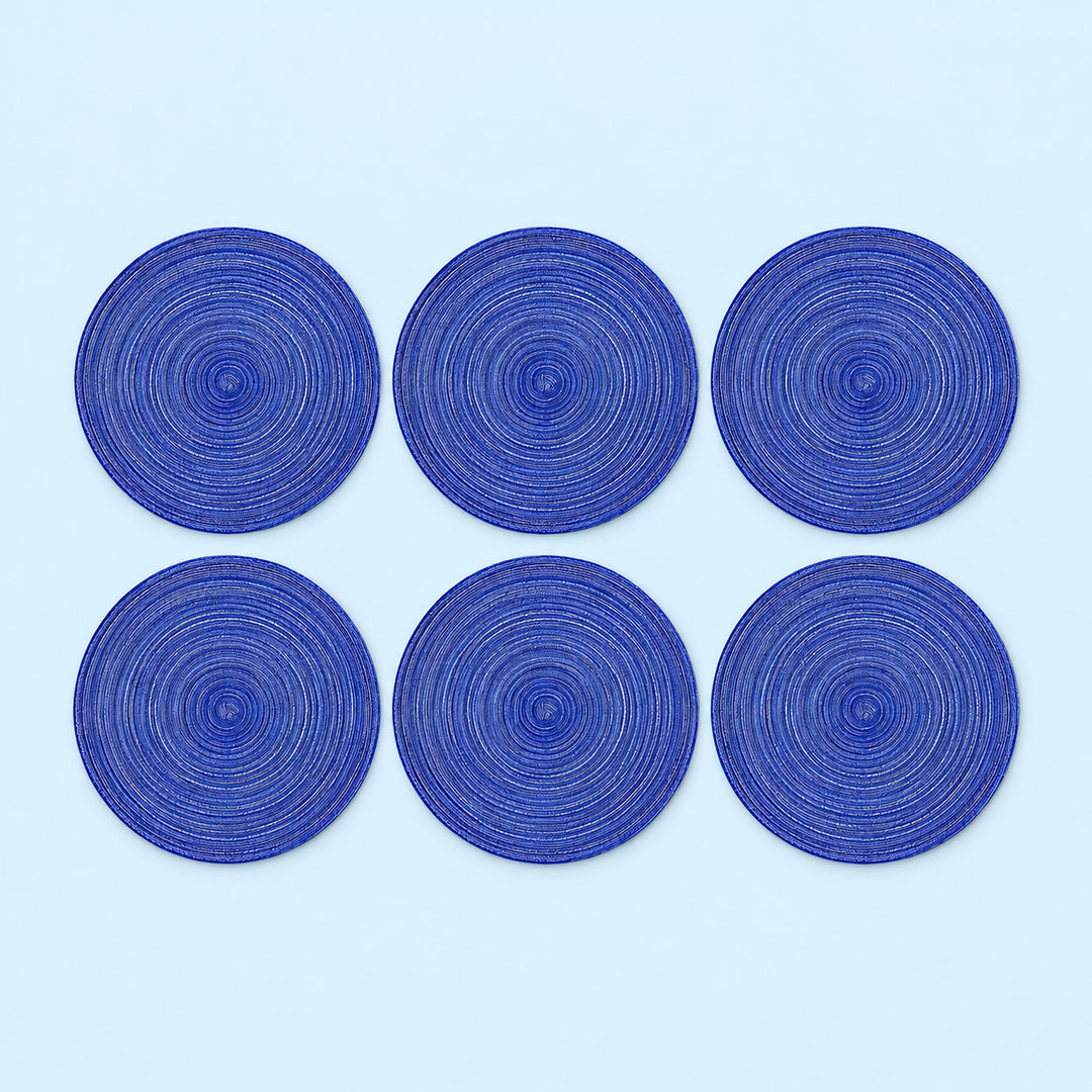 Six blue braided round mats.
