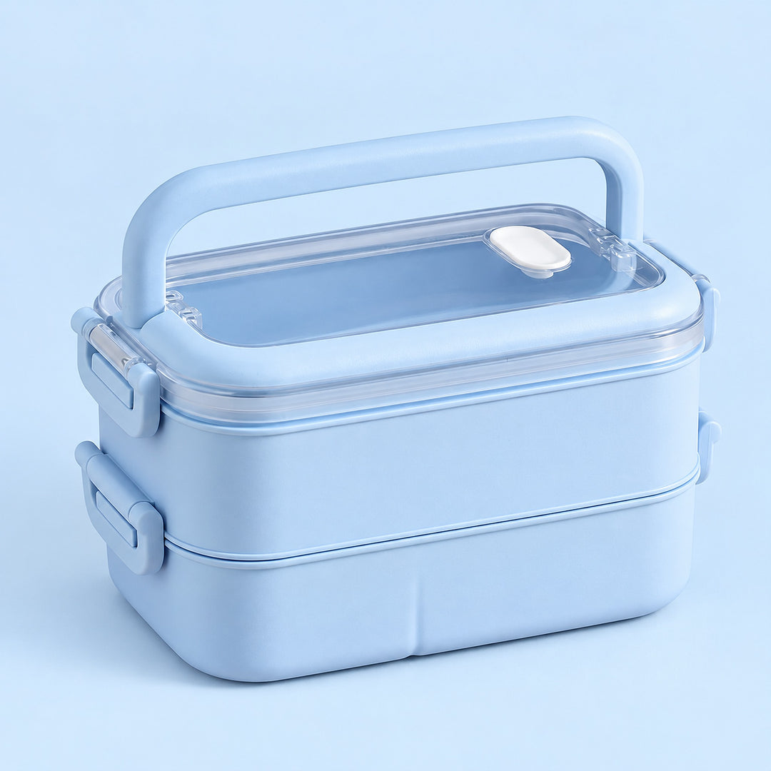 blue double layer plastic bento lunchbox with clear lid and carry handle.