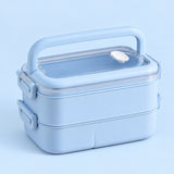 blue double layer plastic bento lunchbox with clear lid and carry handle.