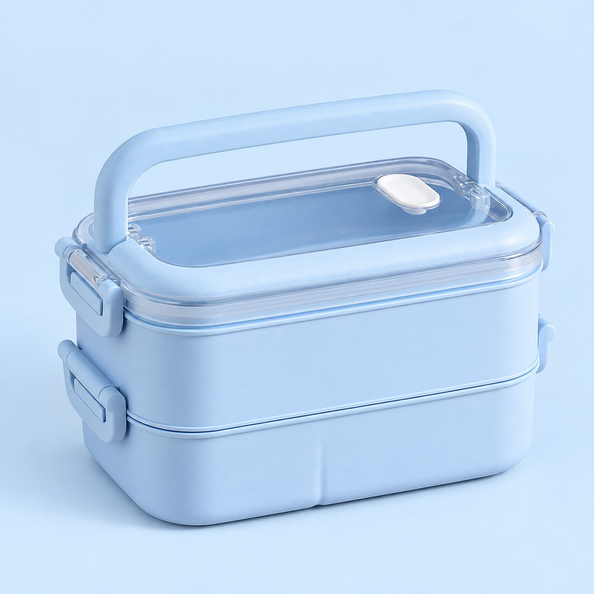 blue double layer plastic bento lunchbox with clear lid and carry handle.