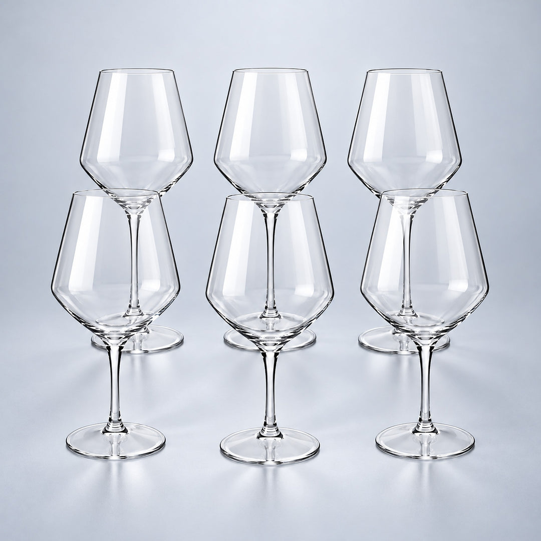 Bordeaux set of 6: 6 empty clear stemmed Tritan wine cups on a pale gray studio background.