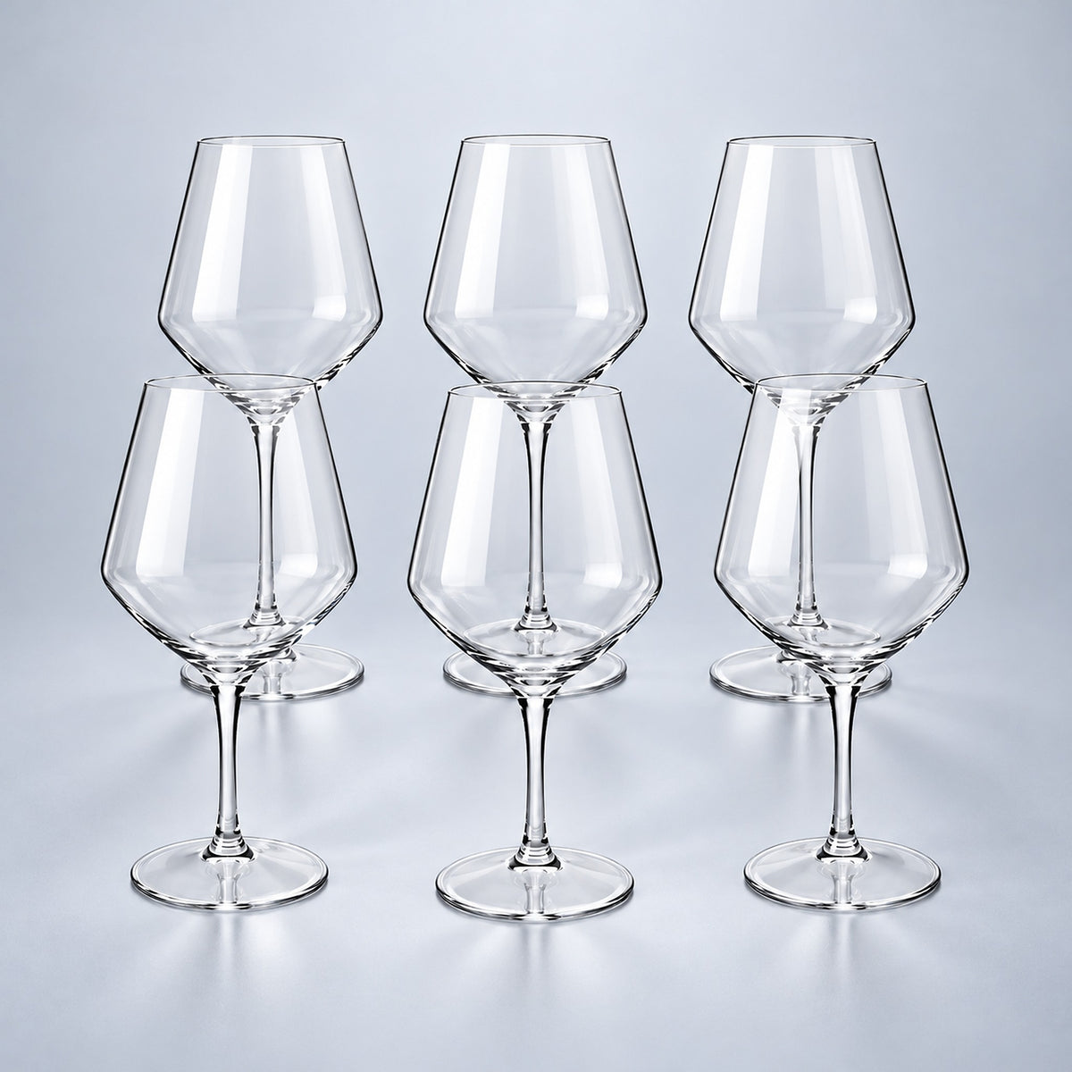 Bordeaux set of 6: 6 empty clear stemmed Tritan wine cups on a pale gray studio background.