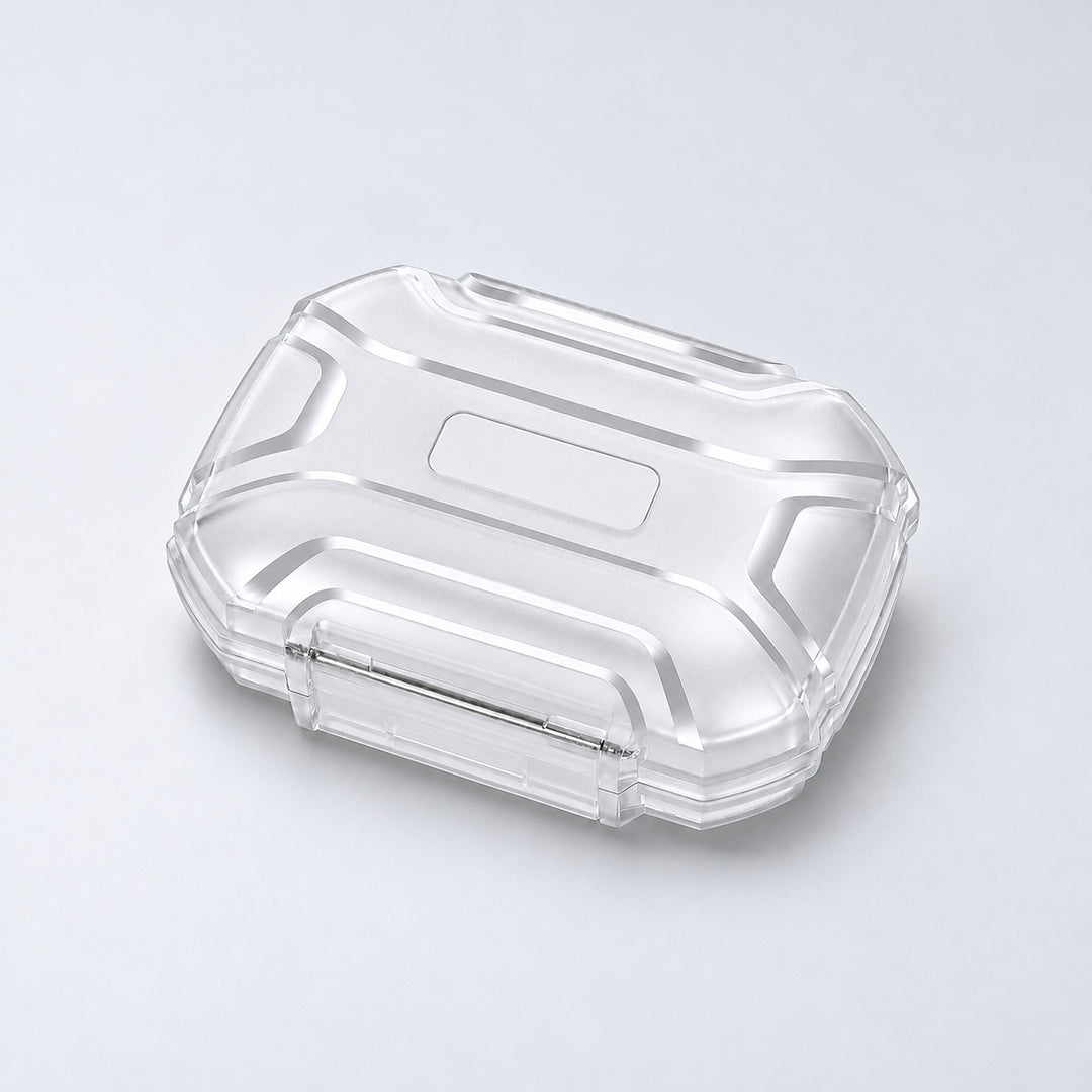 Clear rectangular case with molded lid ridges and transparent front clasp.