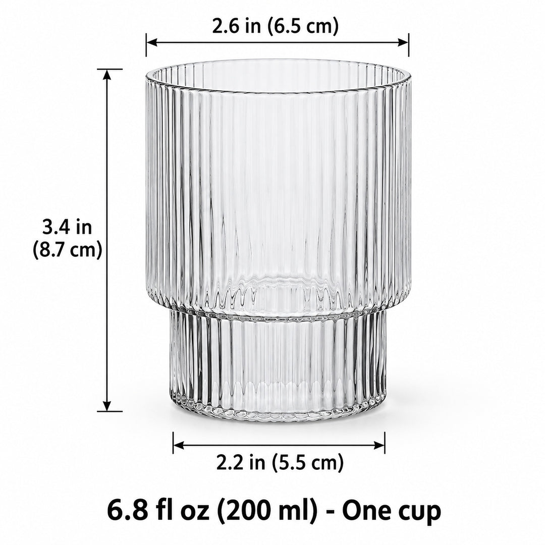One 200 ml clear ribbed glass cup, 6.5 cm mouth, 8.7 cm high and 5.5 cm base.