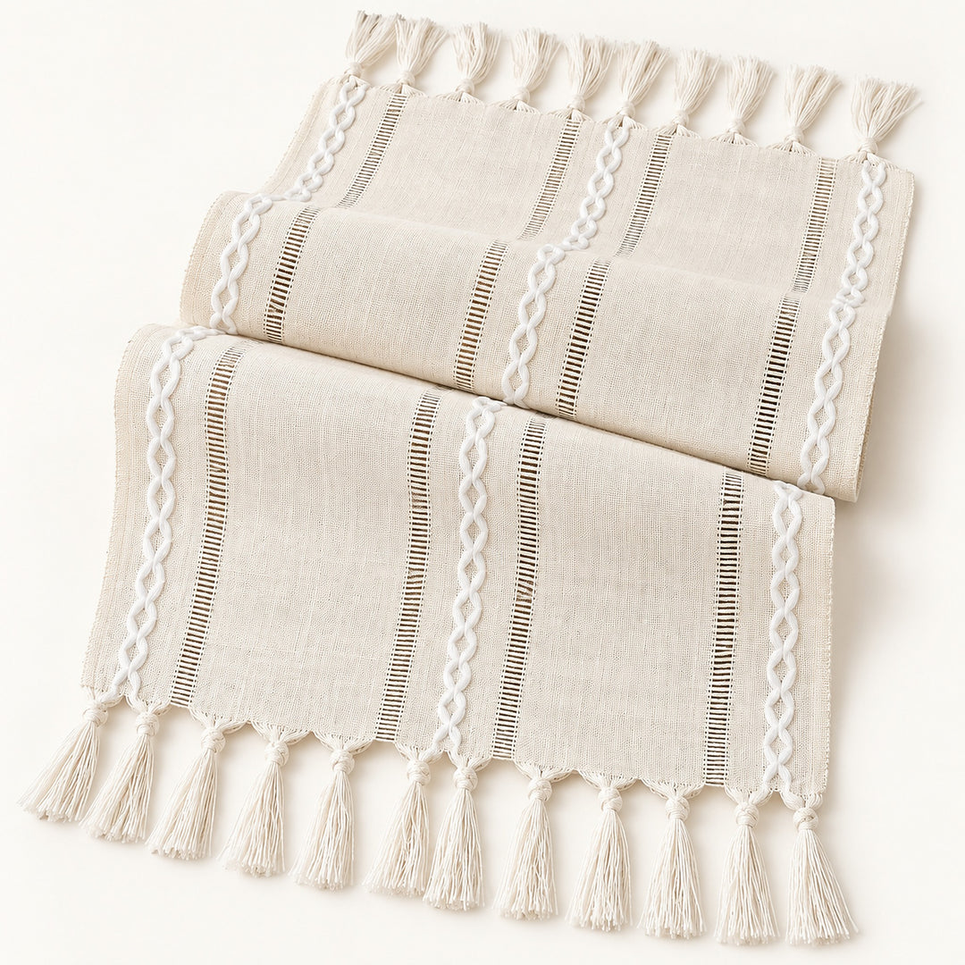 One ivory fringed runner on pale ivory studio background; length selected separately.