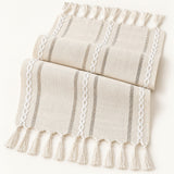 One ivory fringed runner on pale ivory studio background; length selected separately.