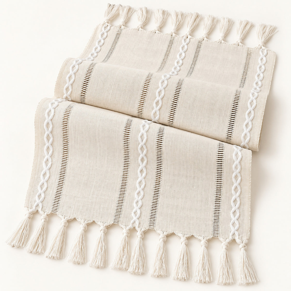 One ivory fringed runner on pale ivory studio background; length selected separately.