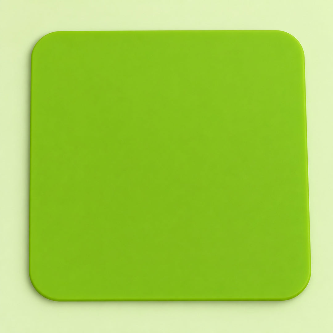 One lime green square silicone coaster, 10 x 10 cm.