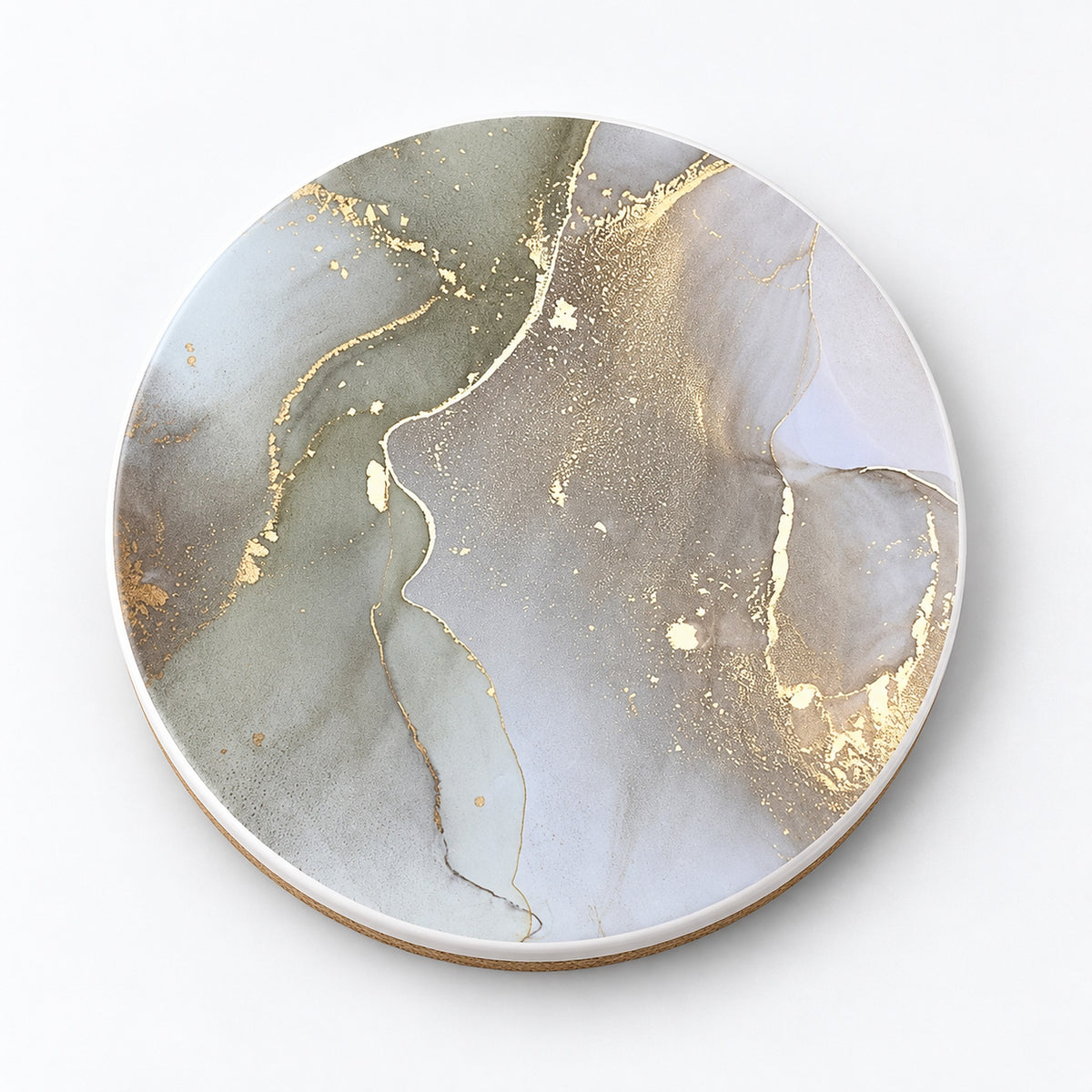 One pale gray and gold marble printed ceramic coaster on a light studio background.