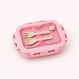 One assembled soft pink lunch box with fork and spoon stored beneath clear lid.