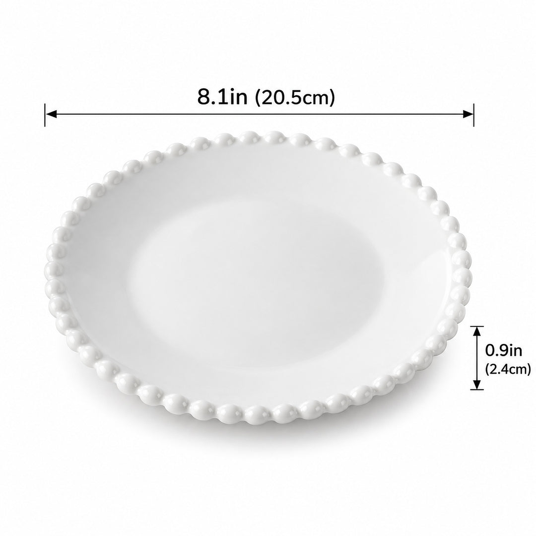 Round ceramic plate, 20.5 cm diameter and 2.4 cm high; one piece.