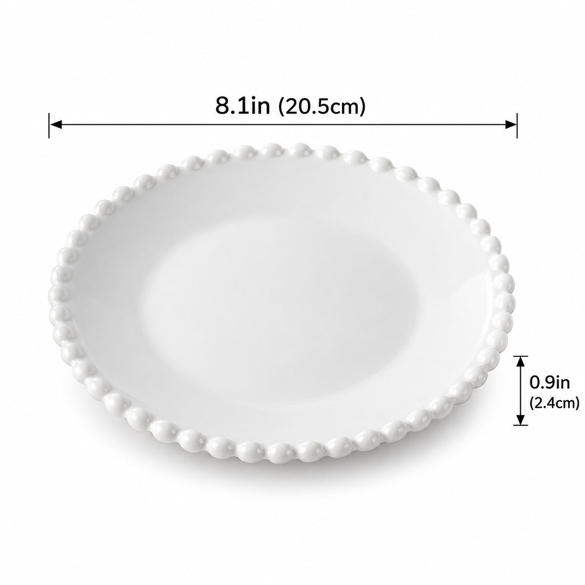 Round ceramic plate, 20.5 cm diameter and 2.4 cm high; one piece.