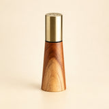 Salt shaker variant: one acacia wood and gold-colored shaker with a perforated dispensing top.