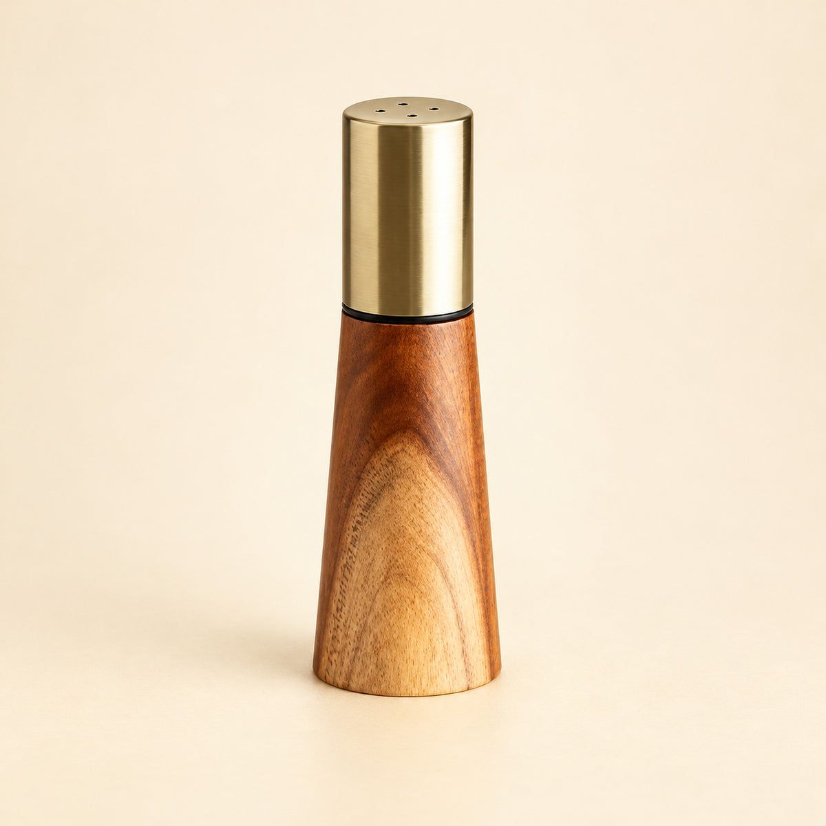 Salt shaker variant: one acacia wood and gold-colored shaker with a perforated dispensing top.