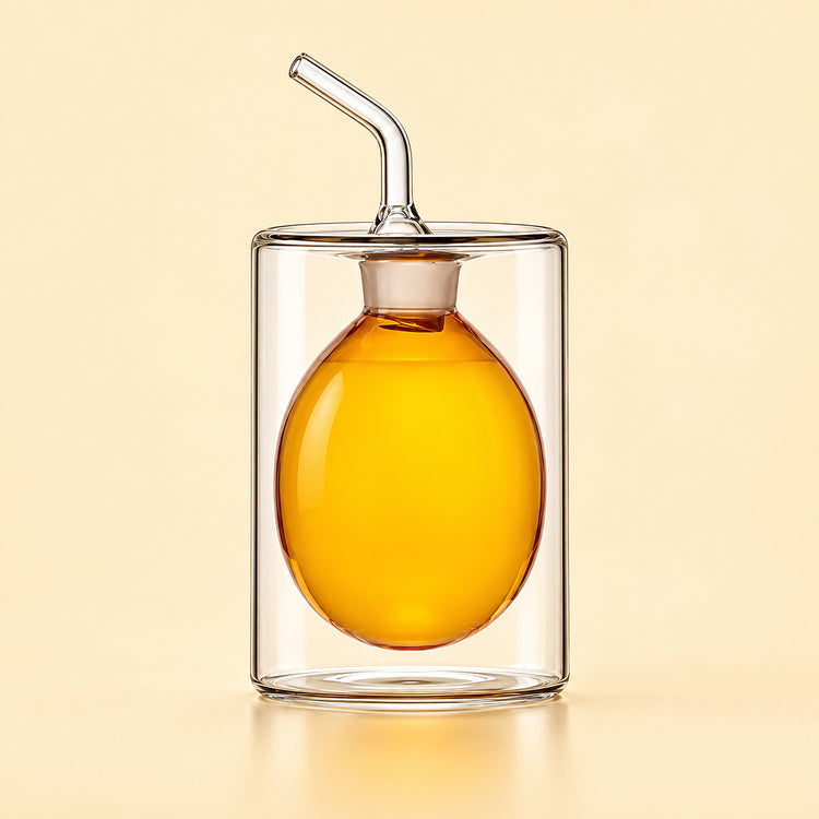 A clear glass double-walled cup with a matching glass lid and angled glass straw, featuring a large oval glass insert filled with amber-colored liquid, set against a solid pale beige background.