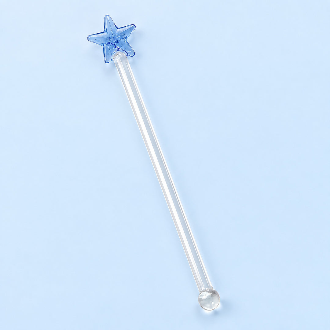 One blue Star glass stirrer, approximately 12.5 cm long, on pale blue studio background.