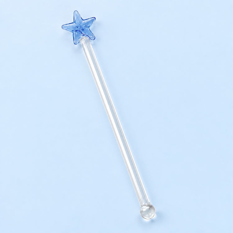 One blue Star glass stirrer, approximately 12.5 cm long, on pale blue studio background.