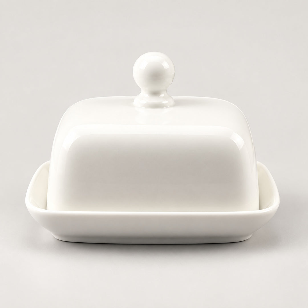 A white ceramic butter dish with a matching lid featuring a round knob and a shallow base, photographed on a clean light gray background.