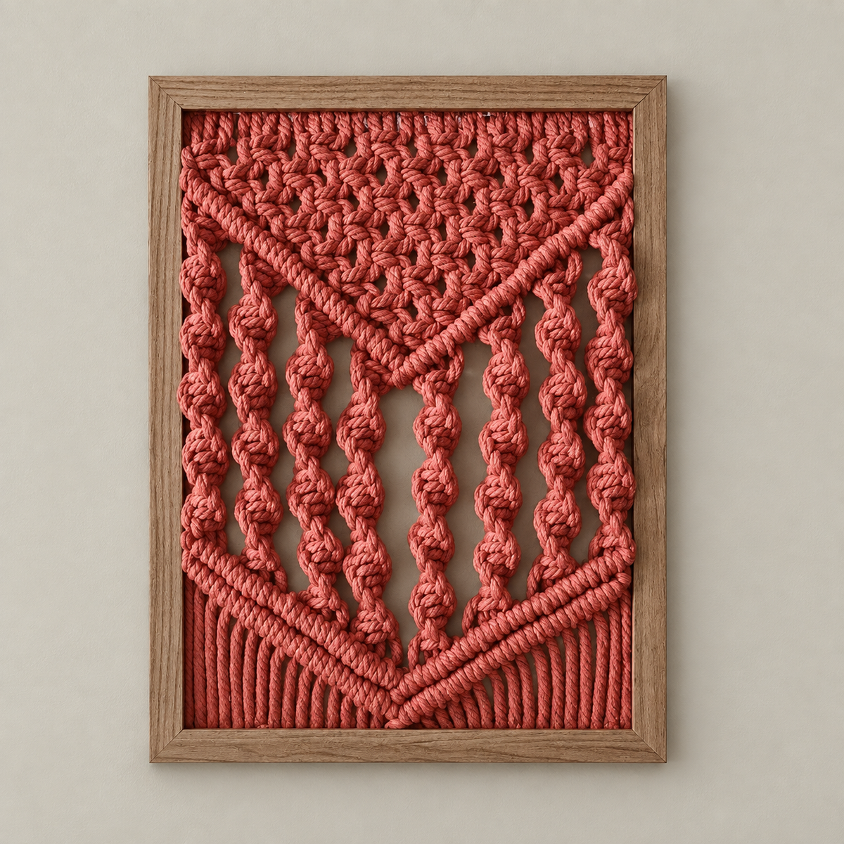 A framed macrame wall hanging with a geometric pattern in a coral pink cord, set within a light brown wooden frame against a neutral beige wall.